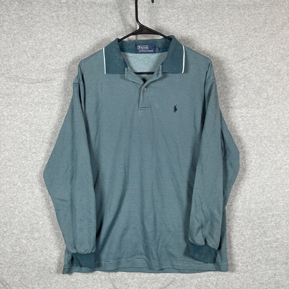 Polo Ralph Lauren Shirt Mens Large Green Long Sleeve Striped Cotton Classic